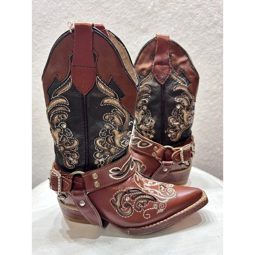 Botas Nicasio Kids Brown Leather Embroidered Cowboy Boots Rhinestone Harness 8